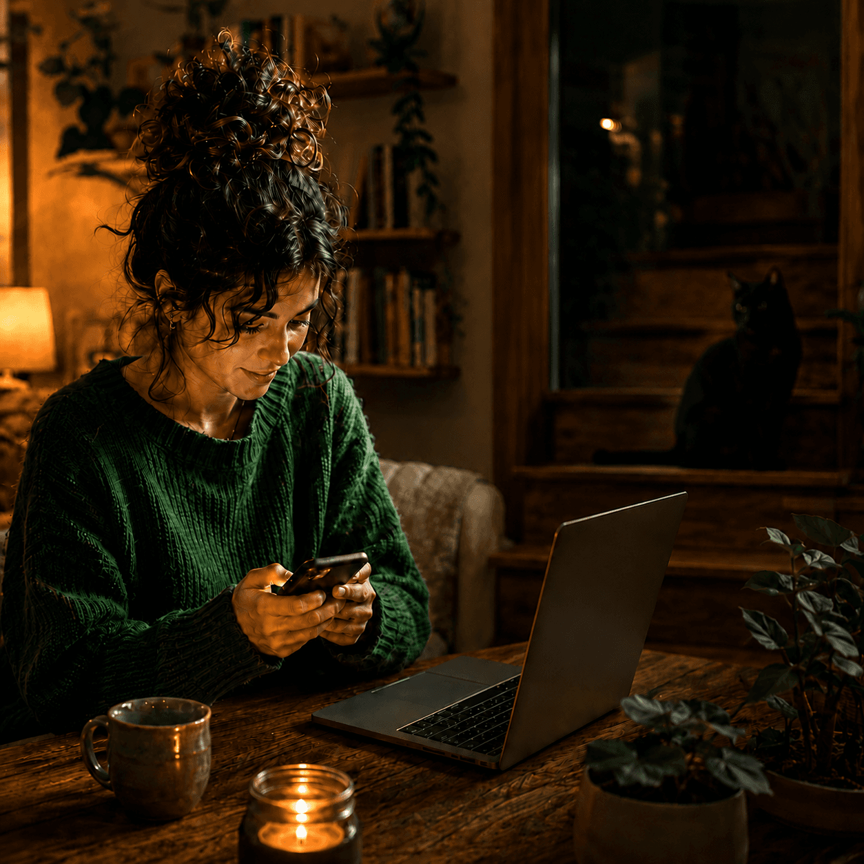 Mulher em casa analisando finanças com notebook e celular