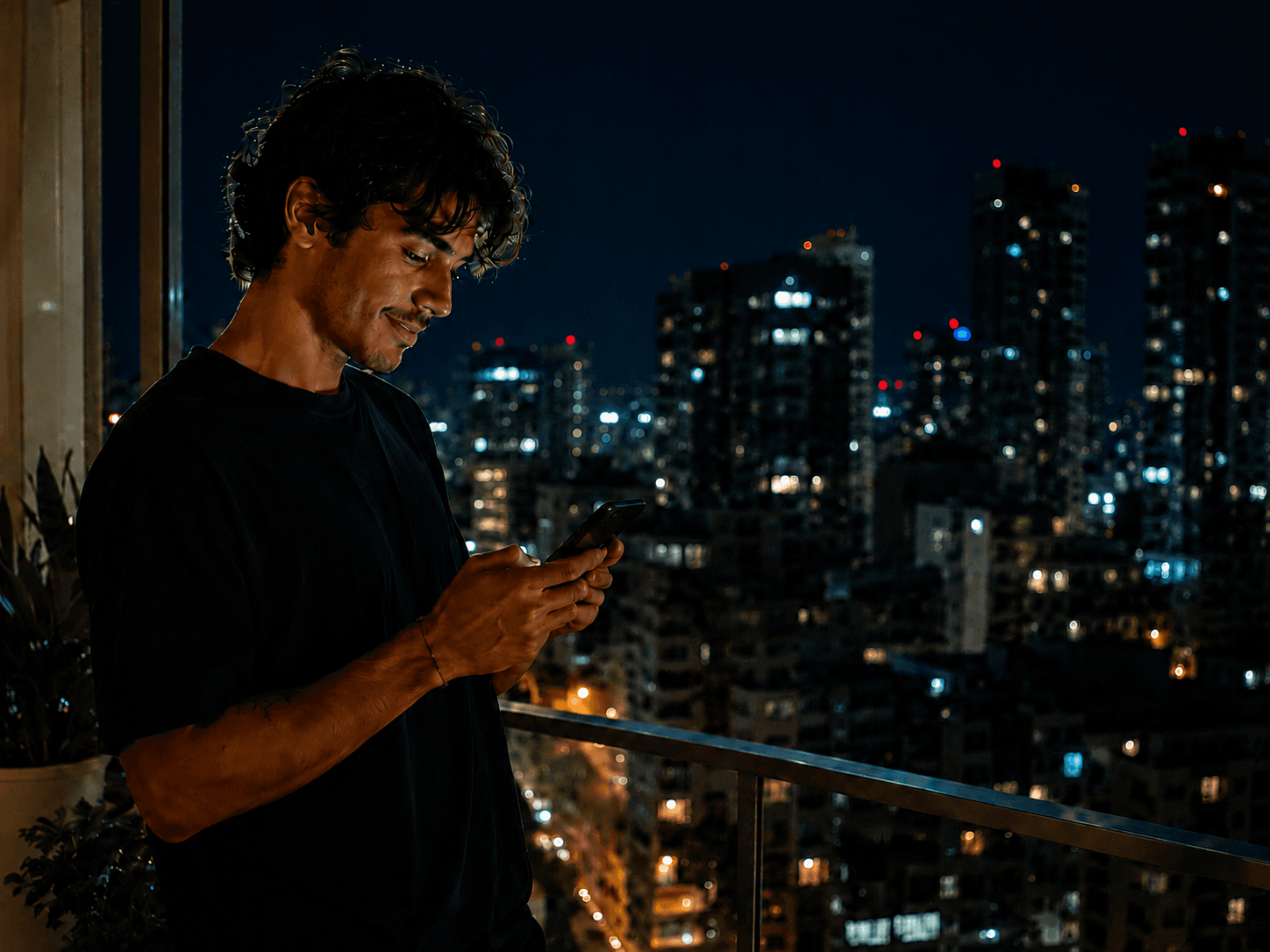 Rapaz usando celular na varanda com a cidade à noite ao fundo
