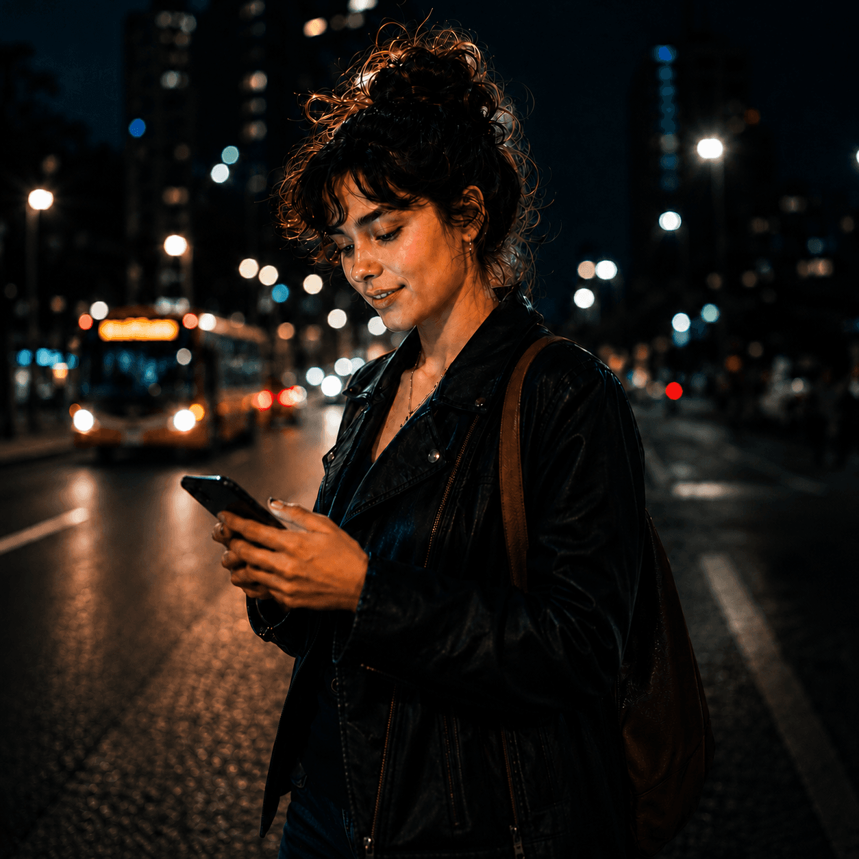 Mulher conferindo despesas no celular em uma rua iluminada à noite