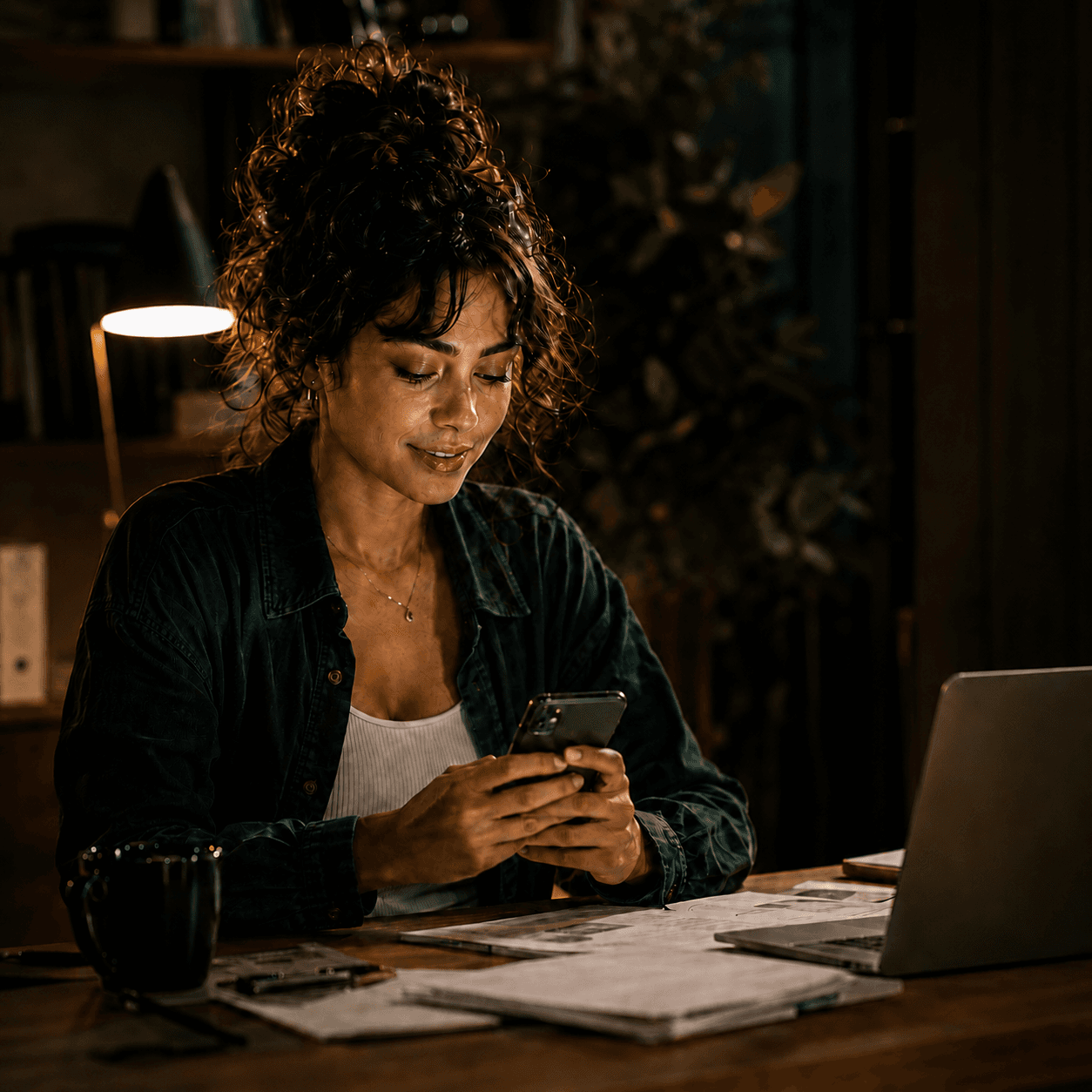Mulher conversando pelo celular em um ambiente interno acolhedor